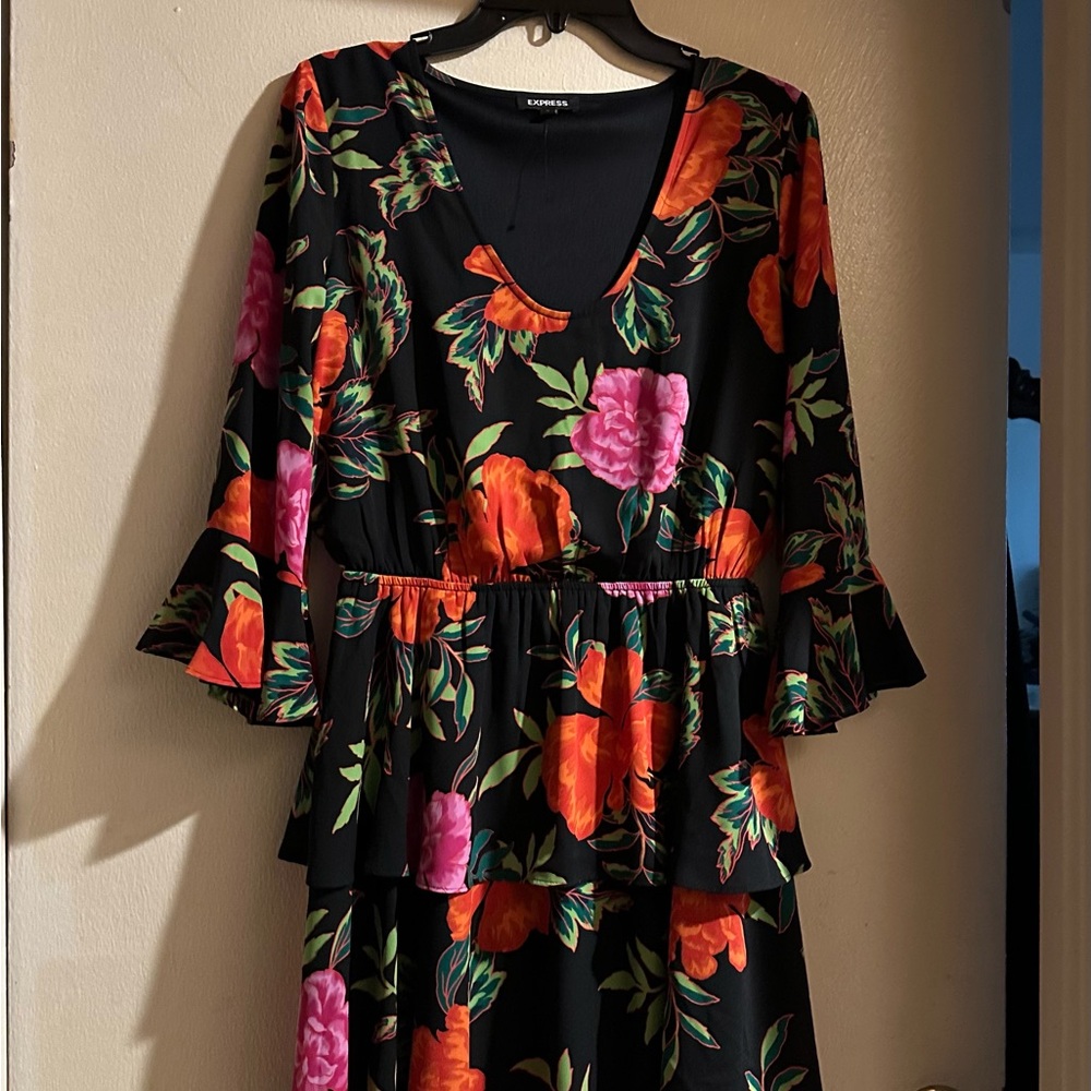 Express Black Dress with Pink and Orange Floral Design